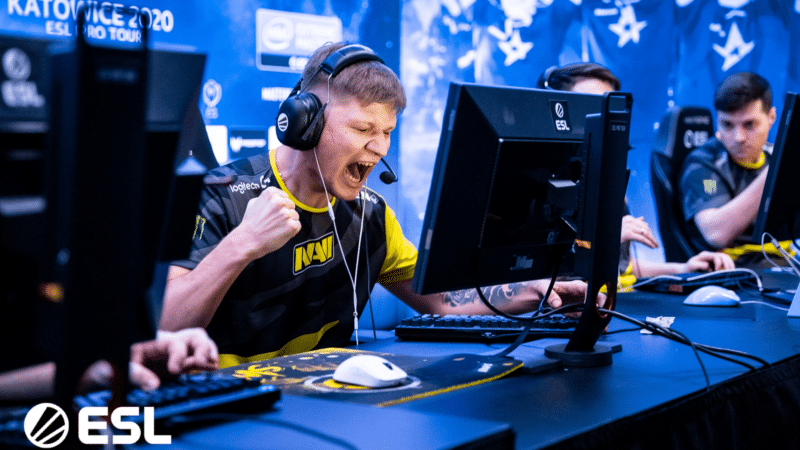 Oleksandra "s1mple" Kostyliev cheers and pumps his fist after taking a win at IEM Katowice 2023