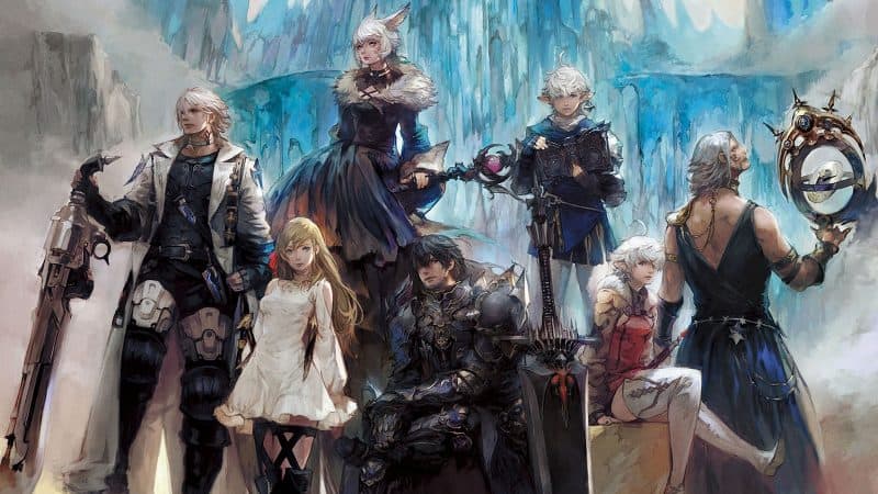 Official art for FFXIV Shadowbringers, showing the Warrior of Light and the Scions of the Seventh Dawn posing together in front of the Crystal Tower.