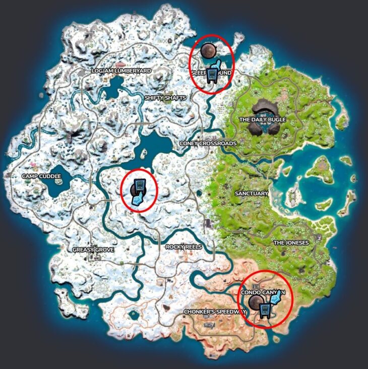 The Fortnite Chapter 3 Season 1 map, showing the location of Thresball Memorabilia marked with red circles