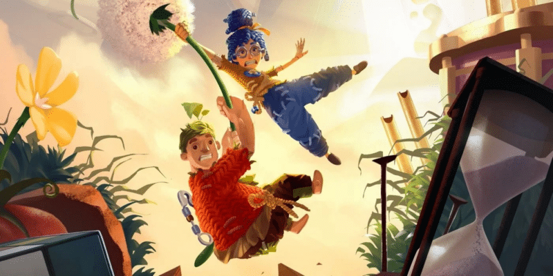 Cody and May, the playable characters in It Takes Two, soar through the air holding onto a giant dandelion