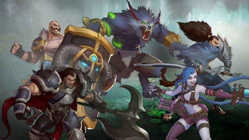 League of Legends champions Braum, Warwick, Yasuo, Darius and Jinx stand ready for battle on a misty battlefield