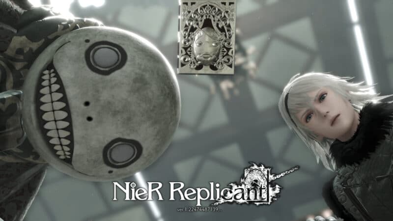 A promotional image for Nier Replicant ver.1.22474487139 showing the games characters, the white haired protagonist and a skeletal doll monster peering down toward the viewer